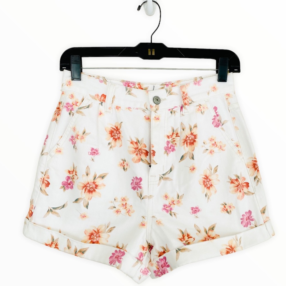 American Eagle NEW White Floral Denim Roll Cuff Shorts Size 0